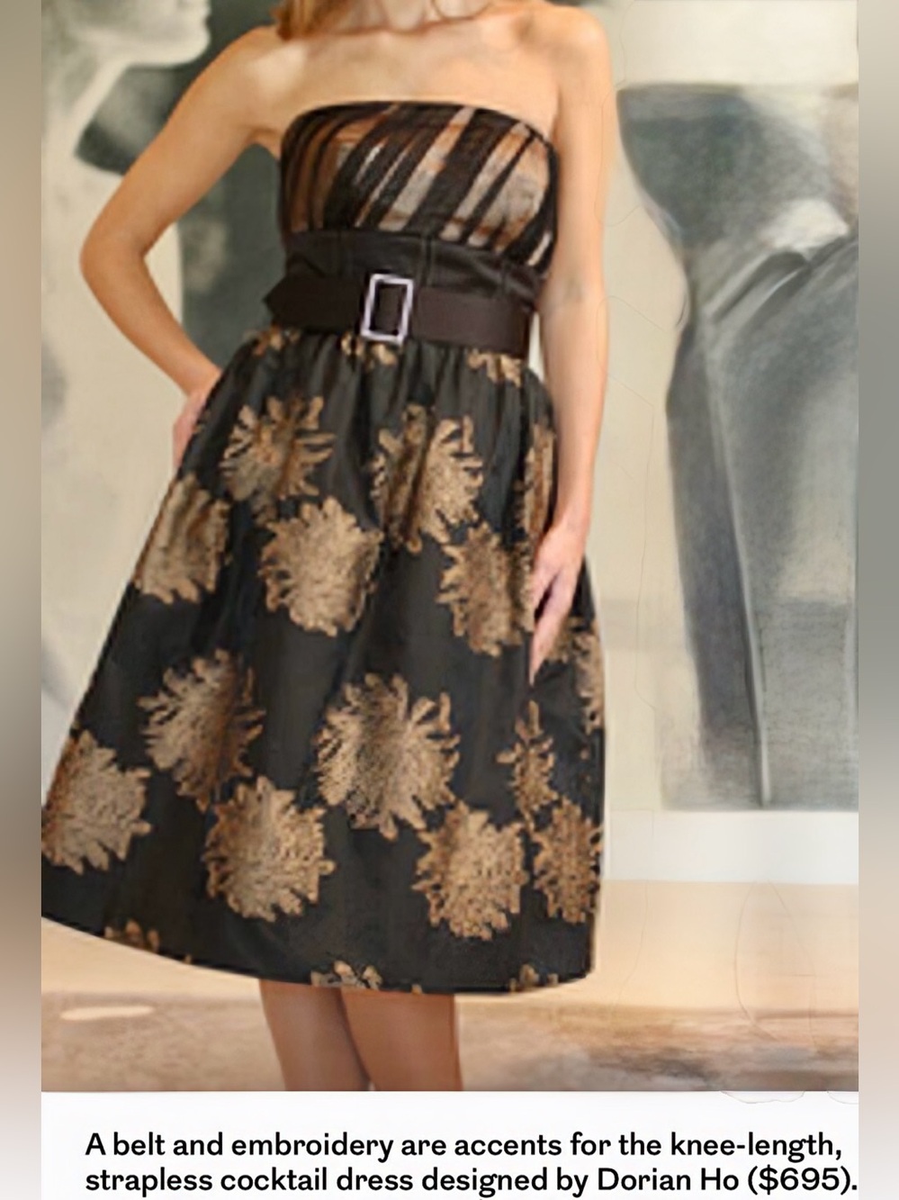 NWT Dorian Ho (10) Strapless Dress w/Gold Floral Jacquard & Rhinestone Belt